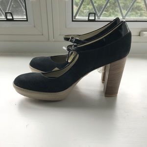 Tods heeled Mary Janes. Suede and patent leather.